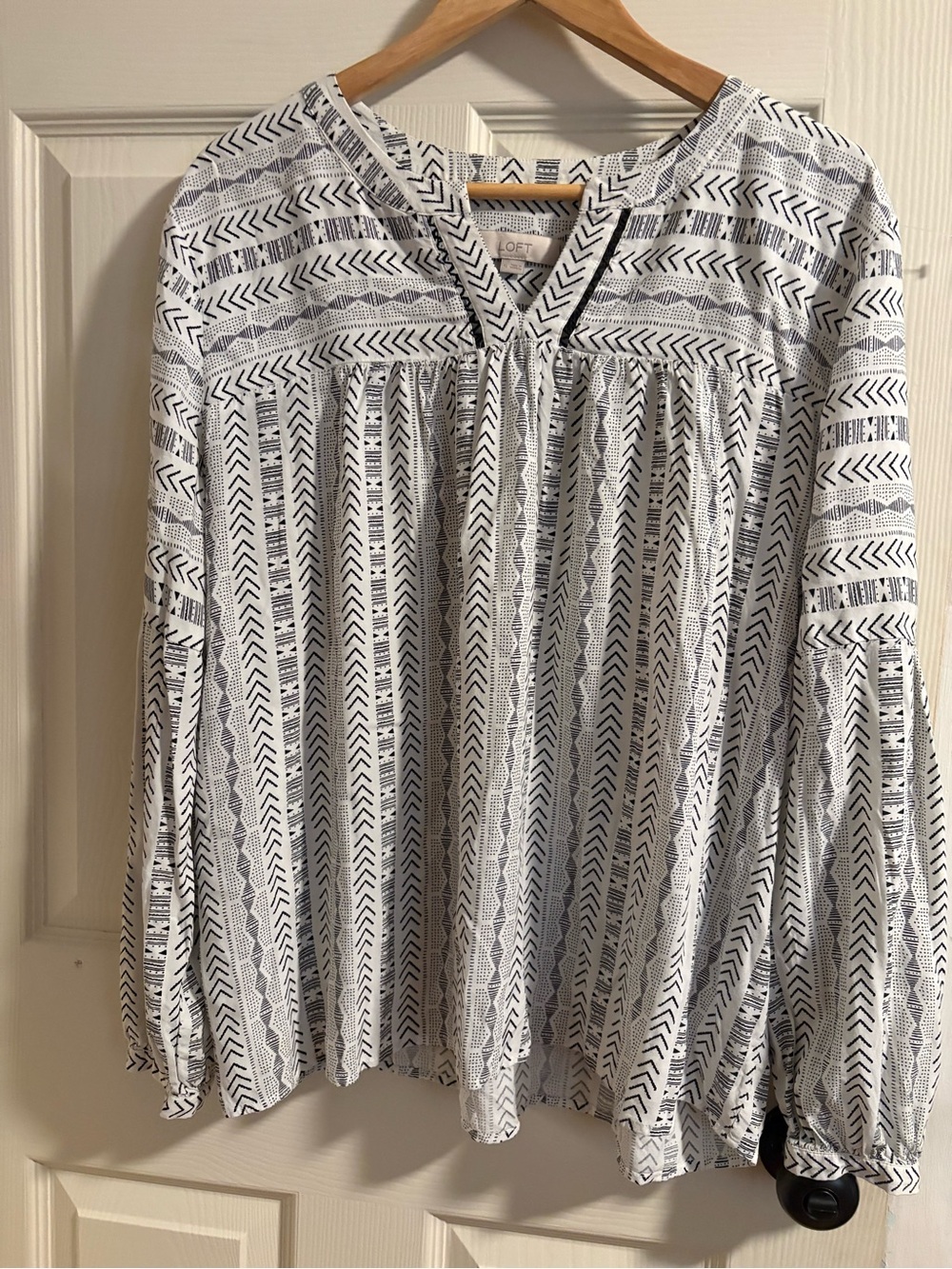 LOFT White Blouse with Black Geometric Stripe Print